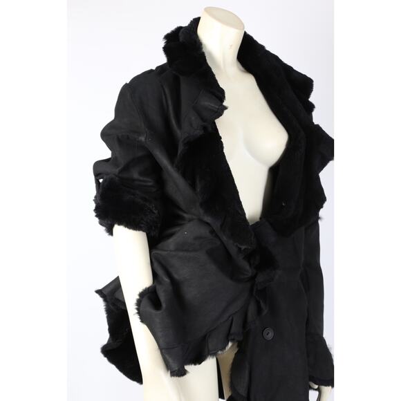 Vintage Black Shearling Ruffle Jacket Elegant Winter Suede Luxury Warm Coat Sz S